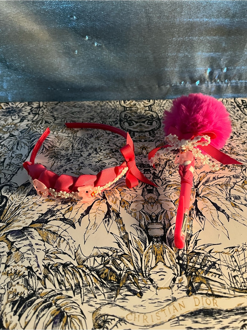 Girls Pink Floral Ribbon Headband and Pom Pom Pen Set